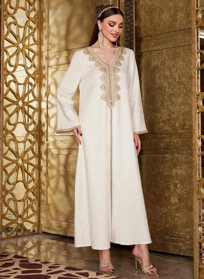 Take Two Beige V Neck Embroidered Panel Jalabiya